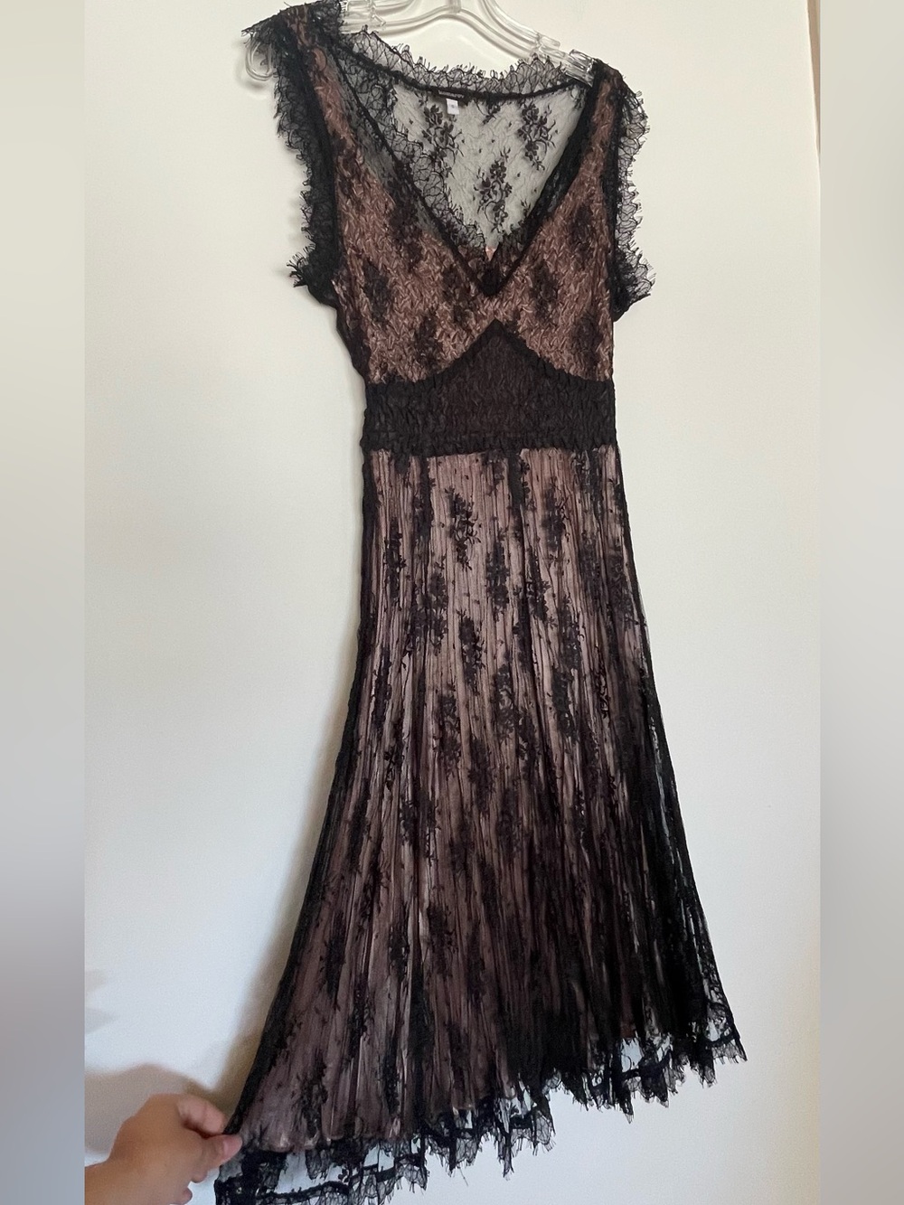 Komarov Black‎ Lace Overlay Midi Dress Rose Gold Pink Slip Whimsigoth Dark Fairy